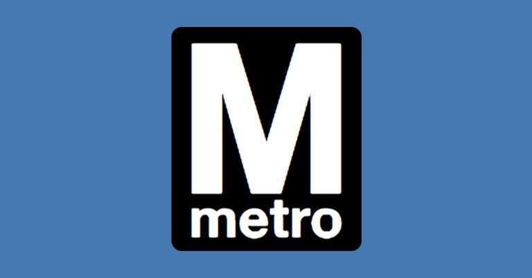 Arlington VA 46 Washington Metro (WMATA) logo with a bold white capital "M" above the word "metro" in lowercase, set on a black rectangular background with a blue border.