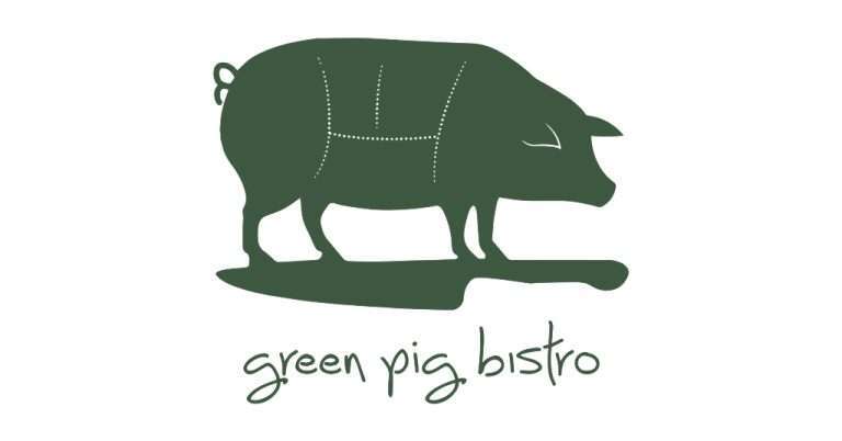 Arlington VA 33 Silhouette of a pig on a cutting board with dotted lines, above the words "green pig bistro" in stylized font.