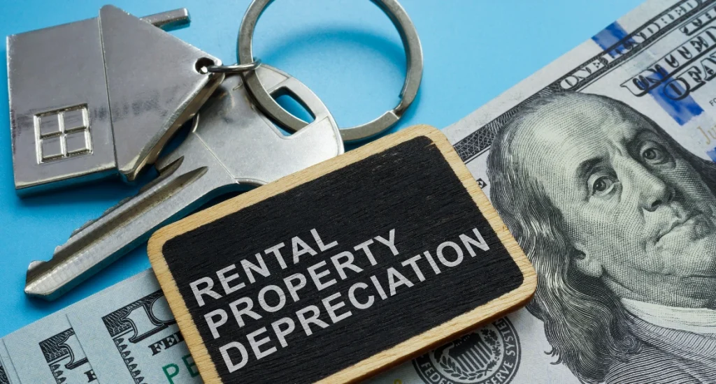 Close-up of house keys, $100 bill, and a sign reading "Rental Property Depreciation" on a blue background