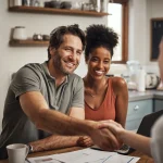 Multi-racial couple shaking hands with Nomadic property manager discussing the rental property valuation for their home in Washington DC.