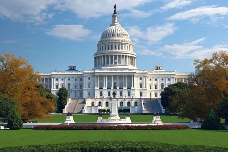 U.S. Capitol building with a large dome, surrounded by trees and manicured lawns under a partly cloudy sky.