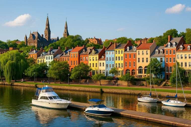 Colorful row houses by a river, with a docked motorboat and sailboats in the foreground, and a cathedral in the background.