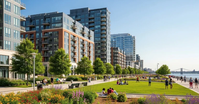 People enjoying a sunny day at a landscaped waterfront park in the Navy Yard neighborhood, surrounded by modern apartment buildings and a scenic riverwalk.