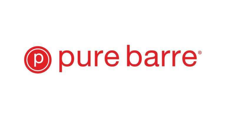 The Pure Barre logo in red, featuring a circular icon with a lowercase “p” on the left, followed by the brand name “pure barre” in lowercase letters, representing the boutique fitness studio chain specializing in barre workouts.