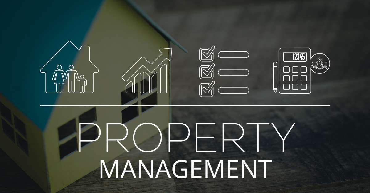 Concept image of property management with a model house, family icon, growth chart, checklist, and financial calculator representing key services.